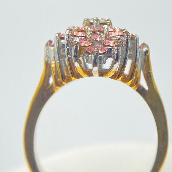 Gold and Silver Tone Ring Pink Clear Glass Cubic Zirconia Cocktail Unmarked SZ 7 - Picture 7 of 13